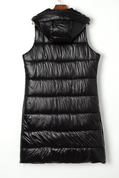 Hooded Long Quilted Vest Coat | Black