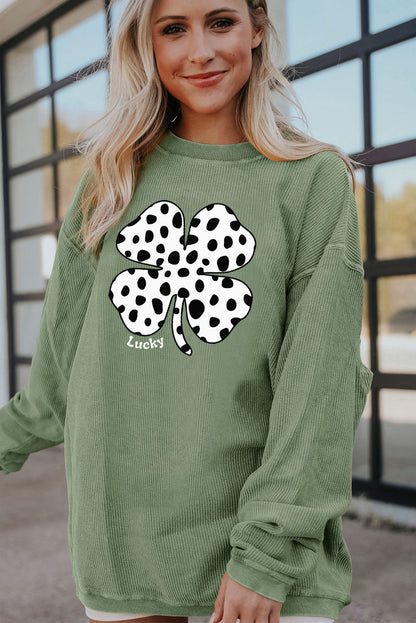 Western Cow Clover Print Crewneck Corded Sweatshirt | Grass Green