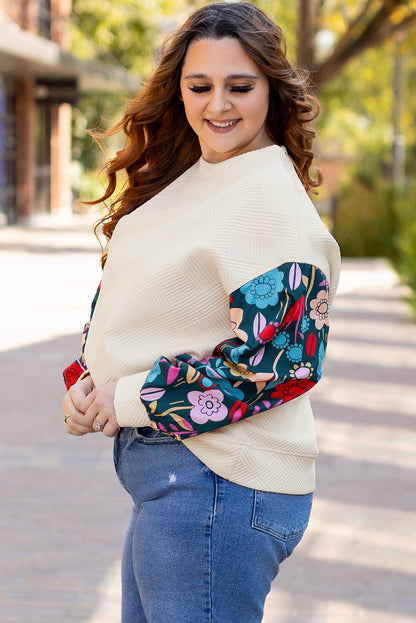 Floral Patchwork Sleeve Textured Plus Size Pullover Top | White