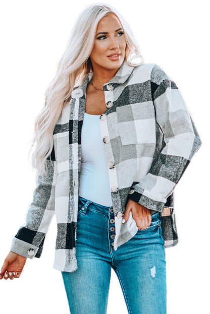 Plaid Colour Block Buttoned Long Sleeve Jacket With Pocket | Gray