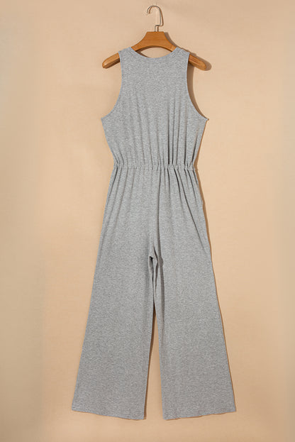 Ribbed Knit Buttons Drawstring Sleeveless Jumpsuit | Gray