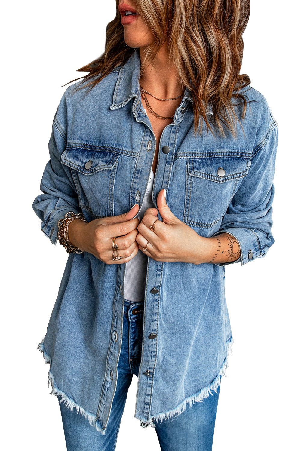 Pocket Raw Hem Buttoned Denim Jacket | Sky Blue