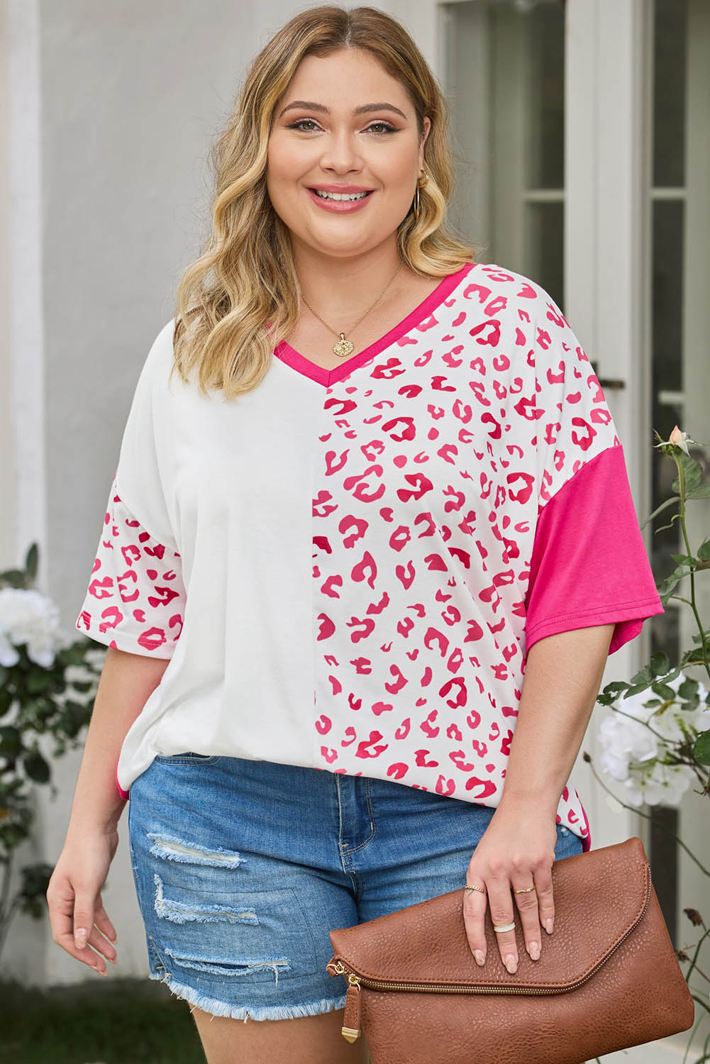 Rose Plus Size Leopard Patchwork Short Sleeve Top