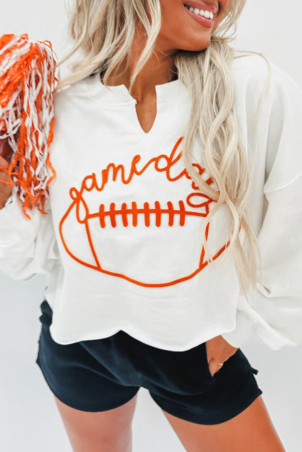 White Game Day Lettering Rugby Football Notched Neck Sweatshirt | Bright White