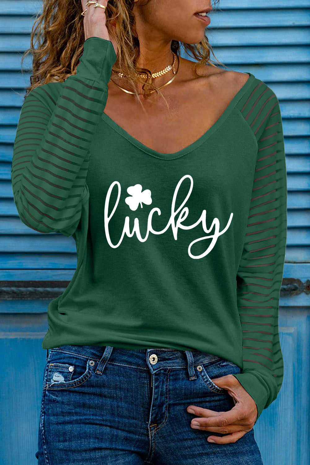 Clover Lucky Pattern Sheer Striped Long Sleeve Top | Green