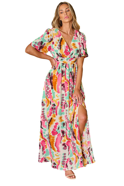 Boho Tie-Dye Print V Neck Maxi Dress | Pink