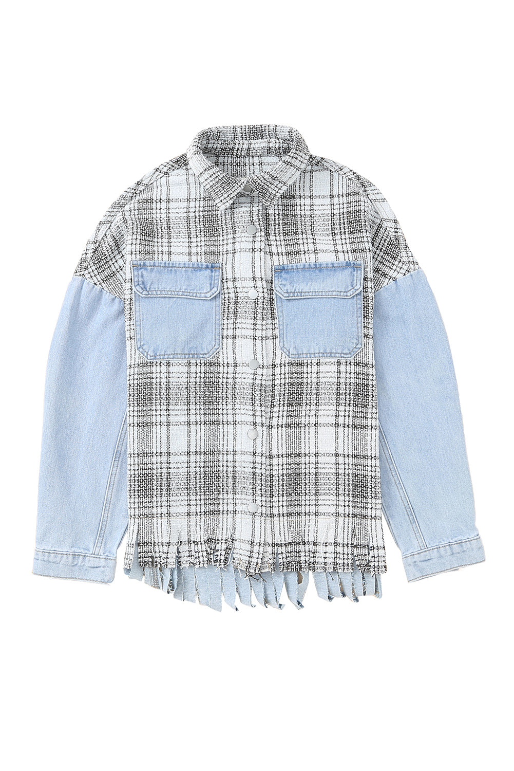 Plaid Patchwork Fringed Flap Pockets Denim Jacket | Sky Blue