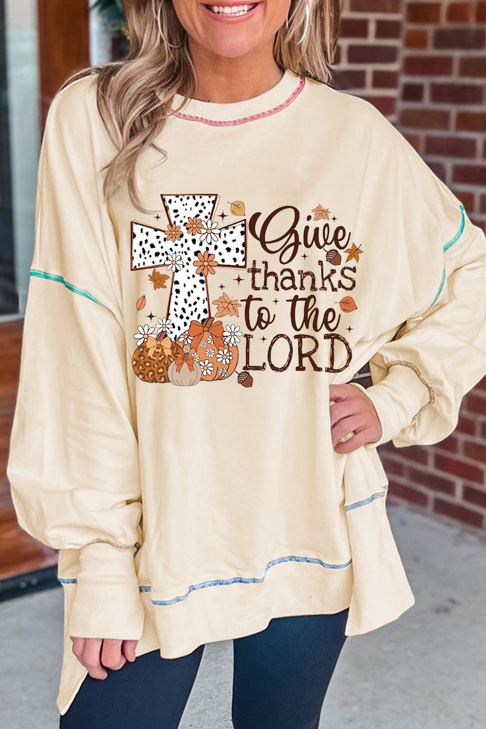 White Give Thanks to the LORD Graphic High Low Hem Loose Sweatshirt