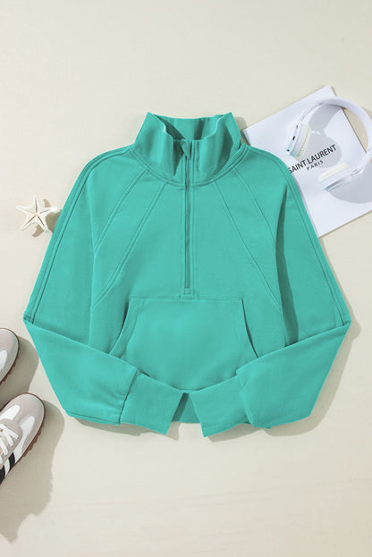 Fleece Lined Zip Up Stand Collar Thumbhole Sleeve Sweatshirt | Sea Green