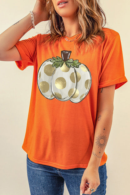 Thanksgiving Pumpkin Pattern Crew Neck Short Sleeve Top | Orange