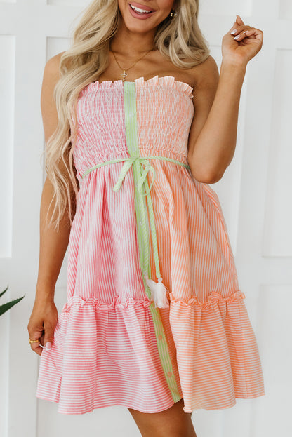 Colour Block Smocked Button Front Frilled Strapless Mini Dress | Pink Stripe