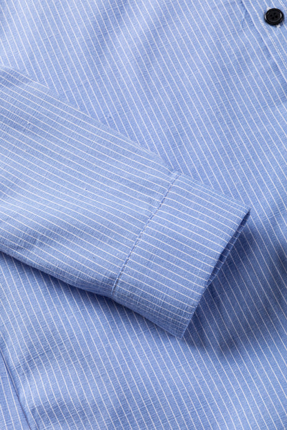 Roll-Tab Sleeve Pocketed Long Shirt | Sky Blue Stripe