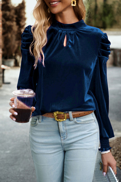 Fiery Mock Neck Puff Sleeve Velvet Blouse | Sky Blue