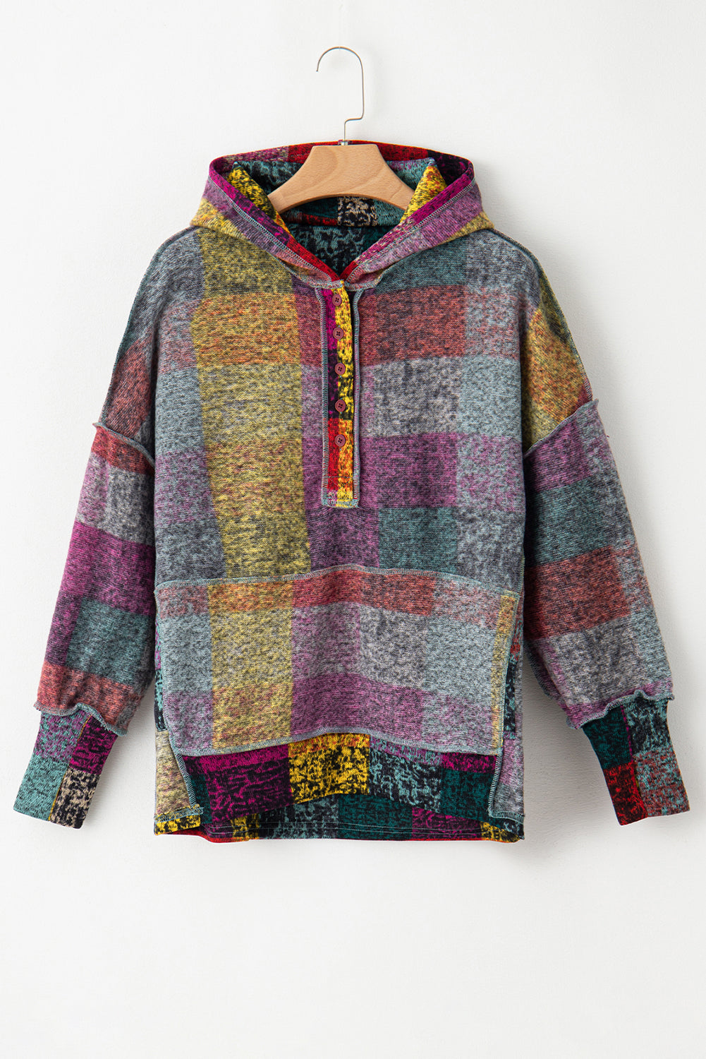 Brushed Plaid Buttoned Pullover Oversized Hoodie | Multicolour