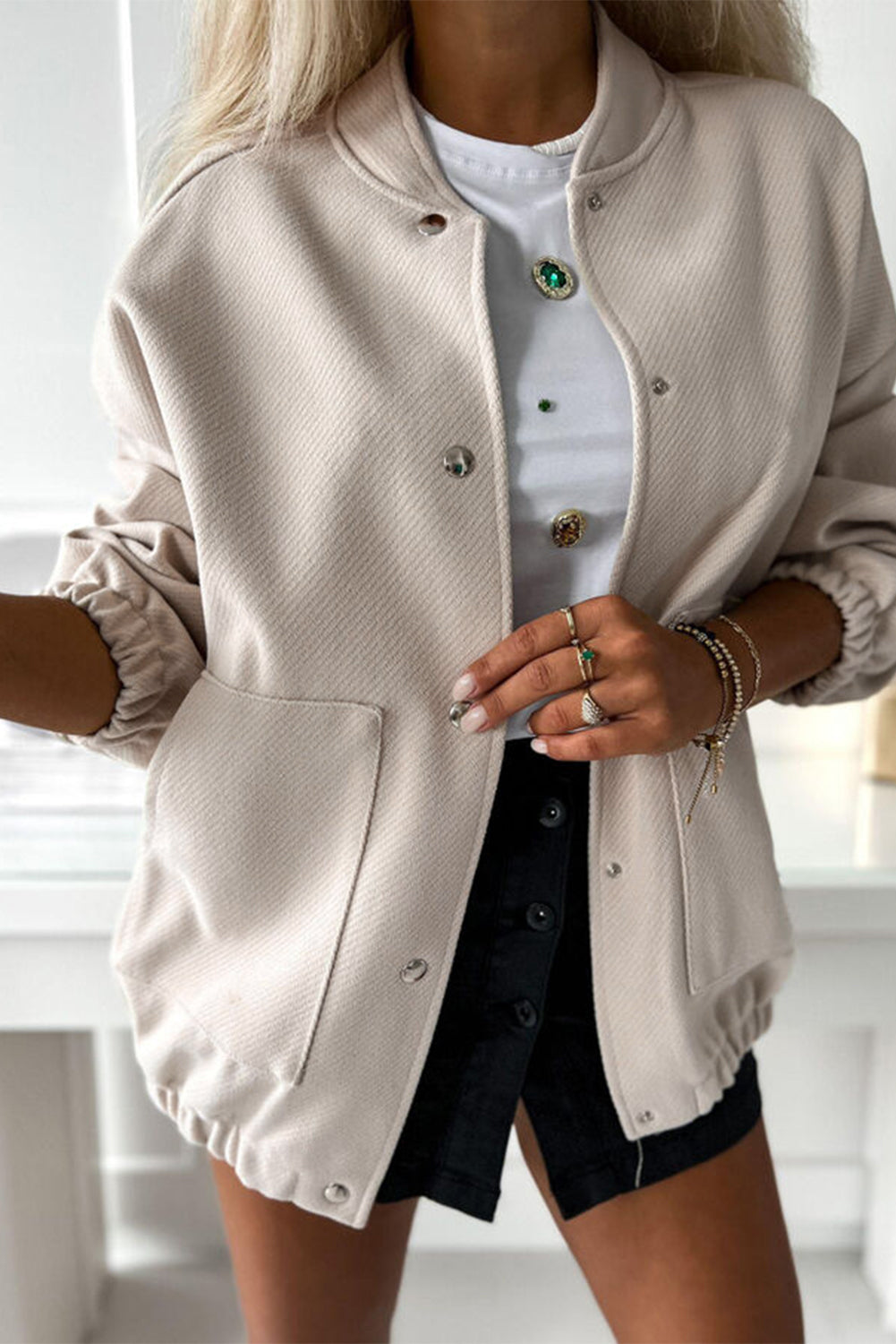 Baseball Collar Snap Button Pocketed Bomber Jacket | Beige