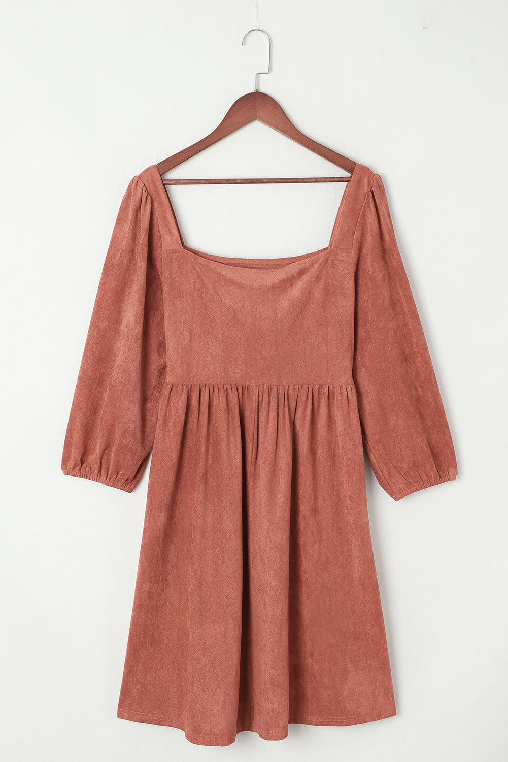 Suede Square Neck Puff Sleeve Dress | Brown