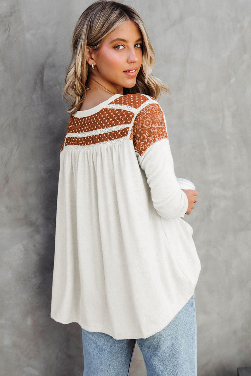 Contrast Crochet Lace Henley Top | White