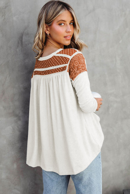 Contrast Crochet Lace Henley Top | White