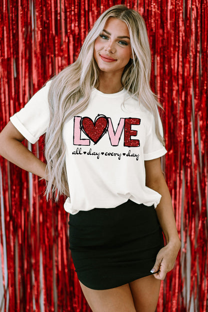 Valentine Love Heart Shape Crew Neck Graphic Tee | White