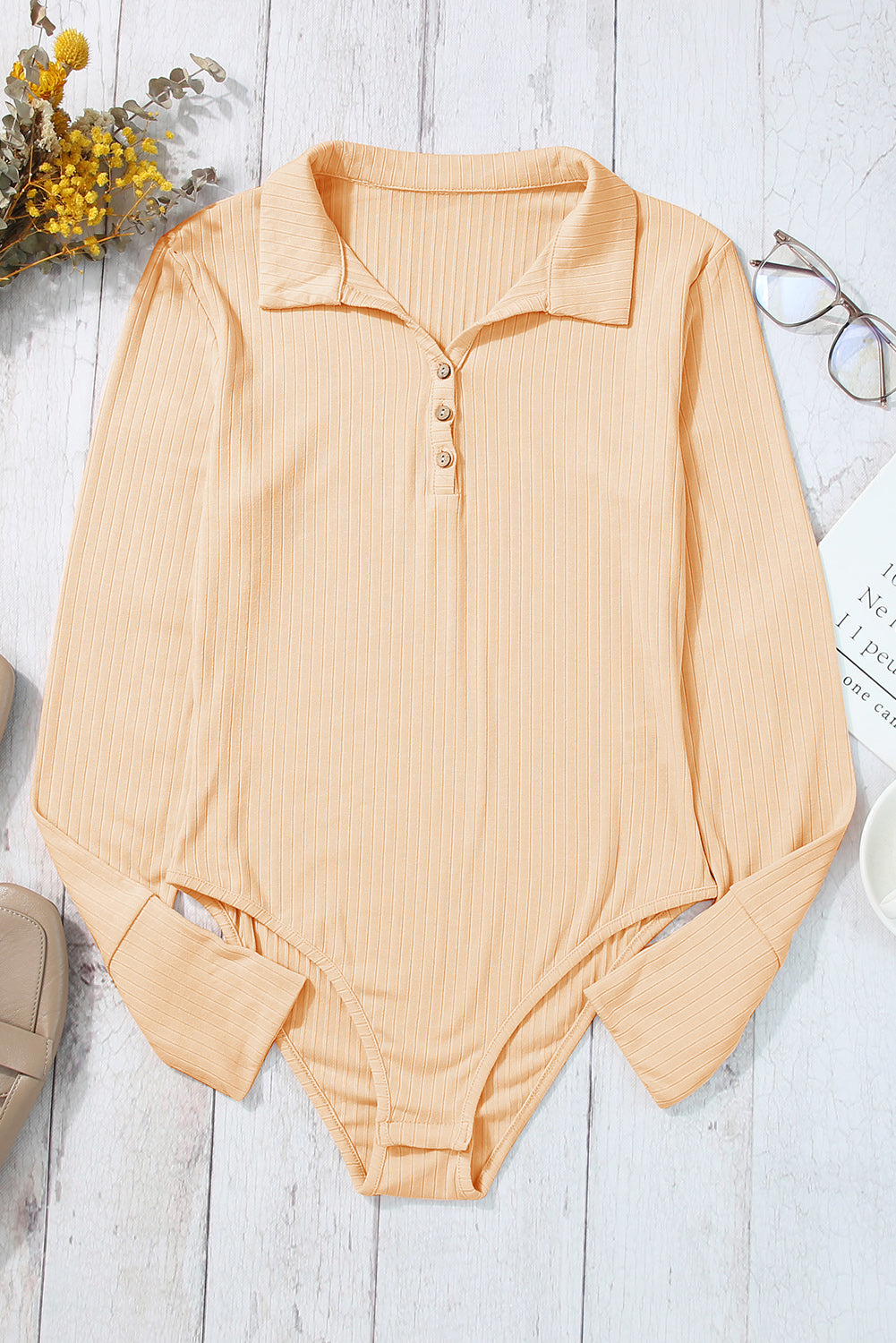 Collared Ribbed Long Sleeve Bodysuit | Apricot