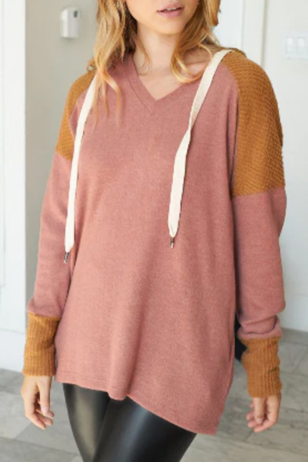 Brown Waffle Knit Patchwork Drawstring V Neck Hoodie