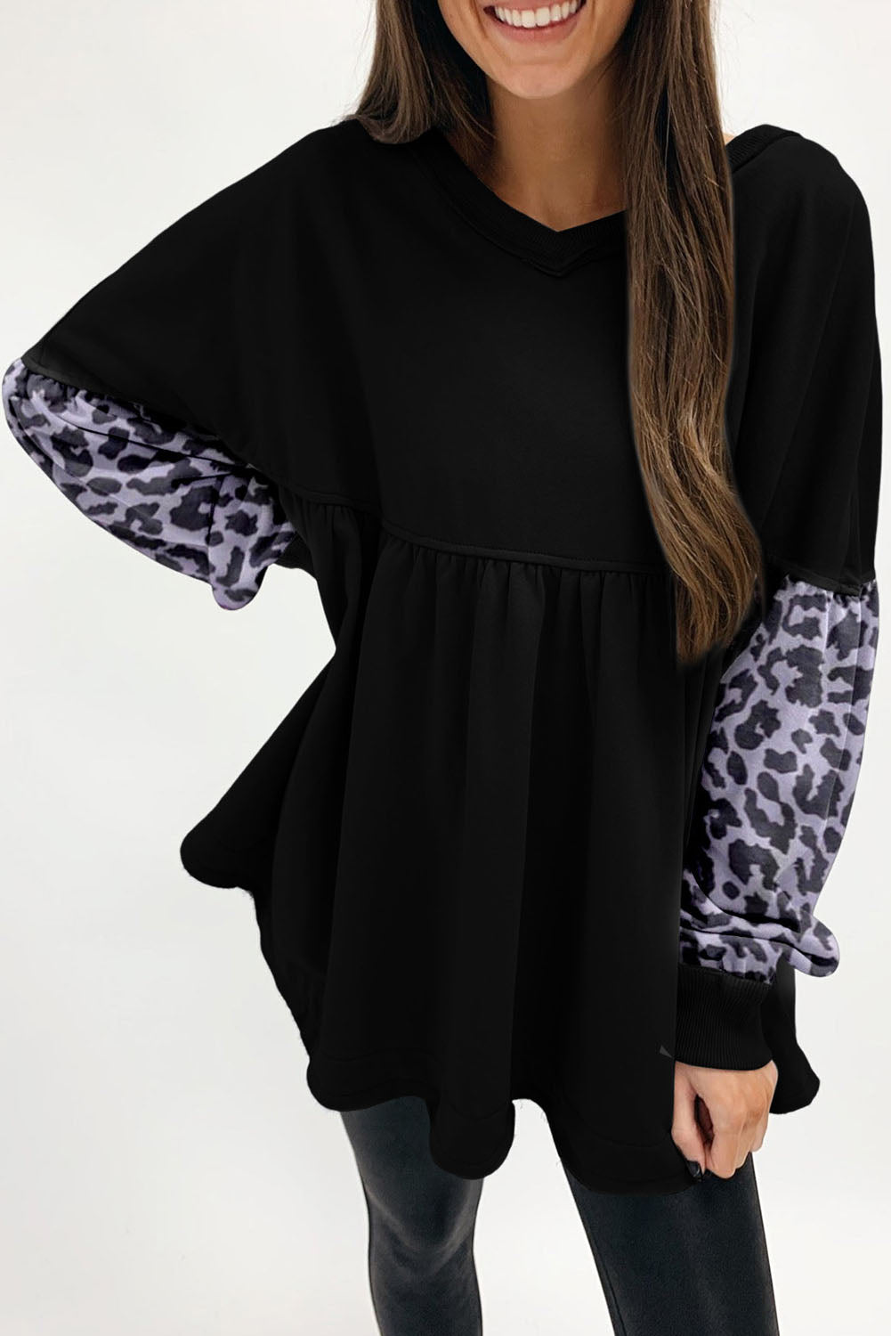 Black Leopard Splicing Sleeve Ruffle Loose Sweatshirt