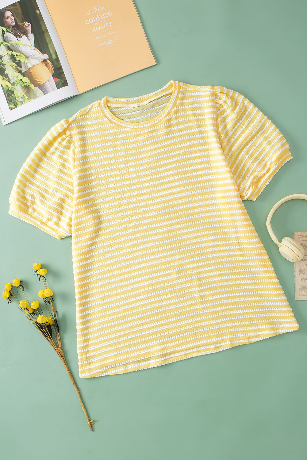 Short Puff Sleeve Plus Size Jumper | Yellow Stripe