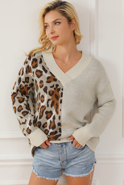 Colour Block V Neck Drop Shoulder Knit Sweater | Leopard