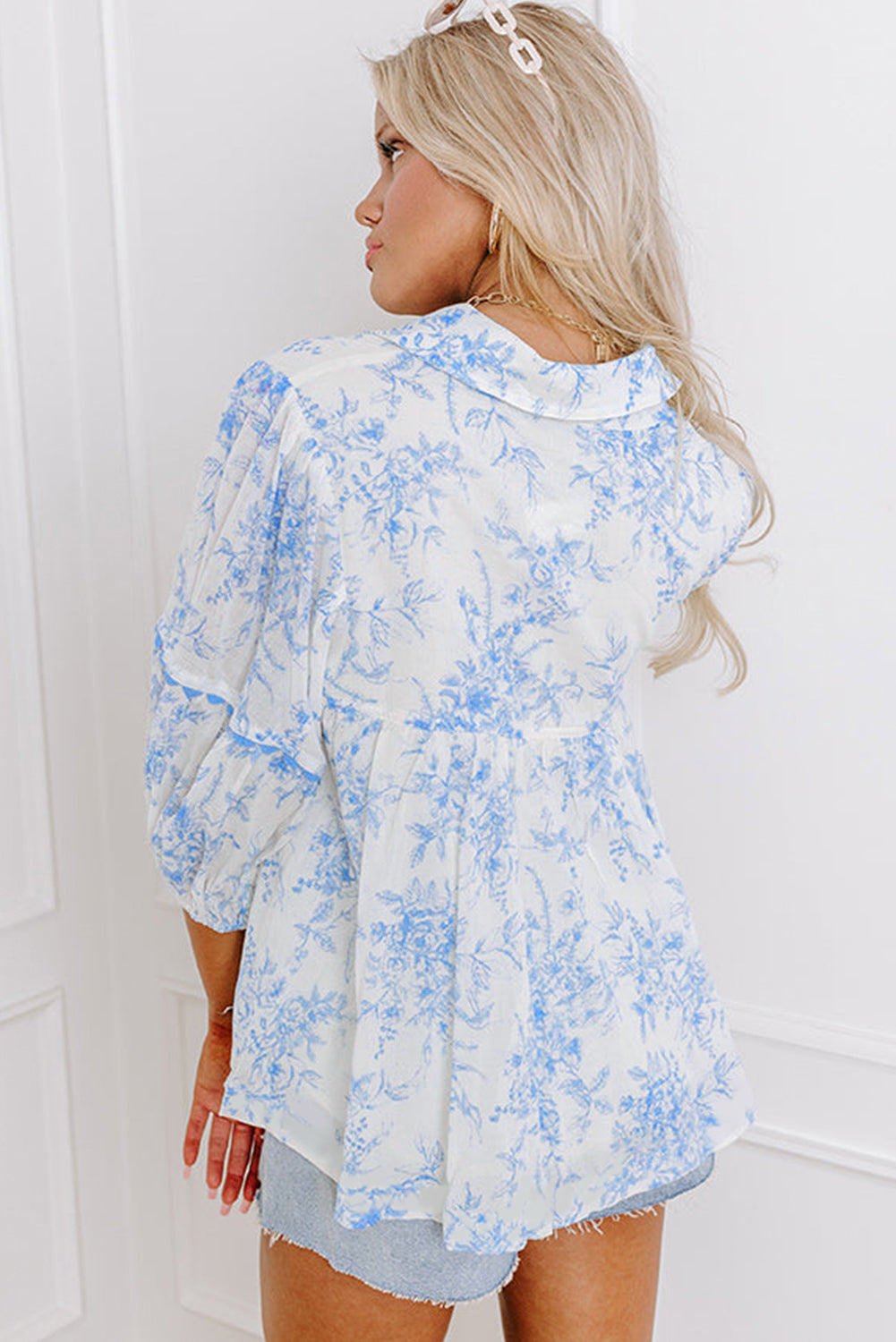 Floral 3/4 Sleeve Tied Collar Blouse | Sky Blue