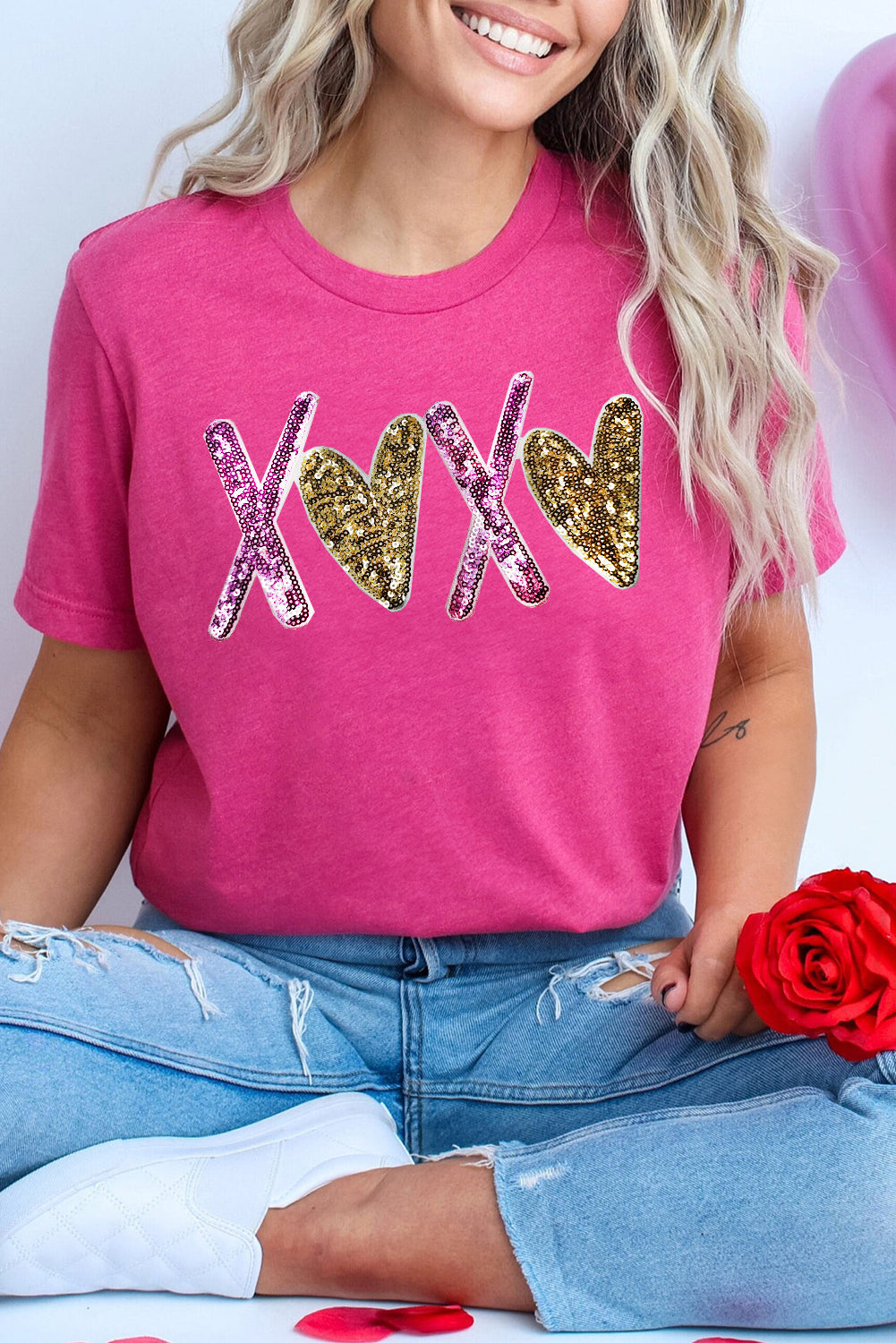 Rose Red Heart XOXO Graphic Crewneck Valentines T Shirt