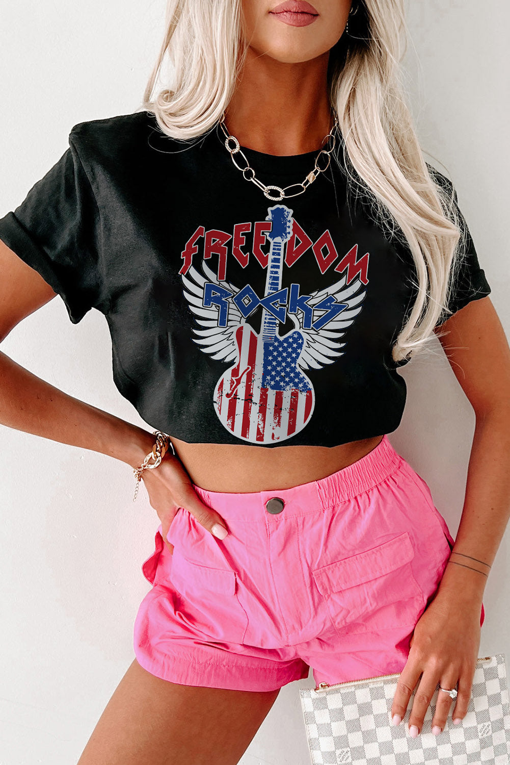 American Flag Guitar Print Crew Neck Tee | Black