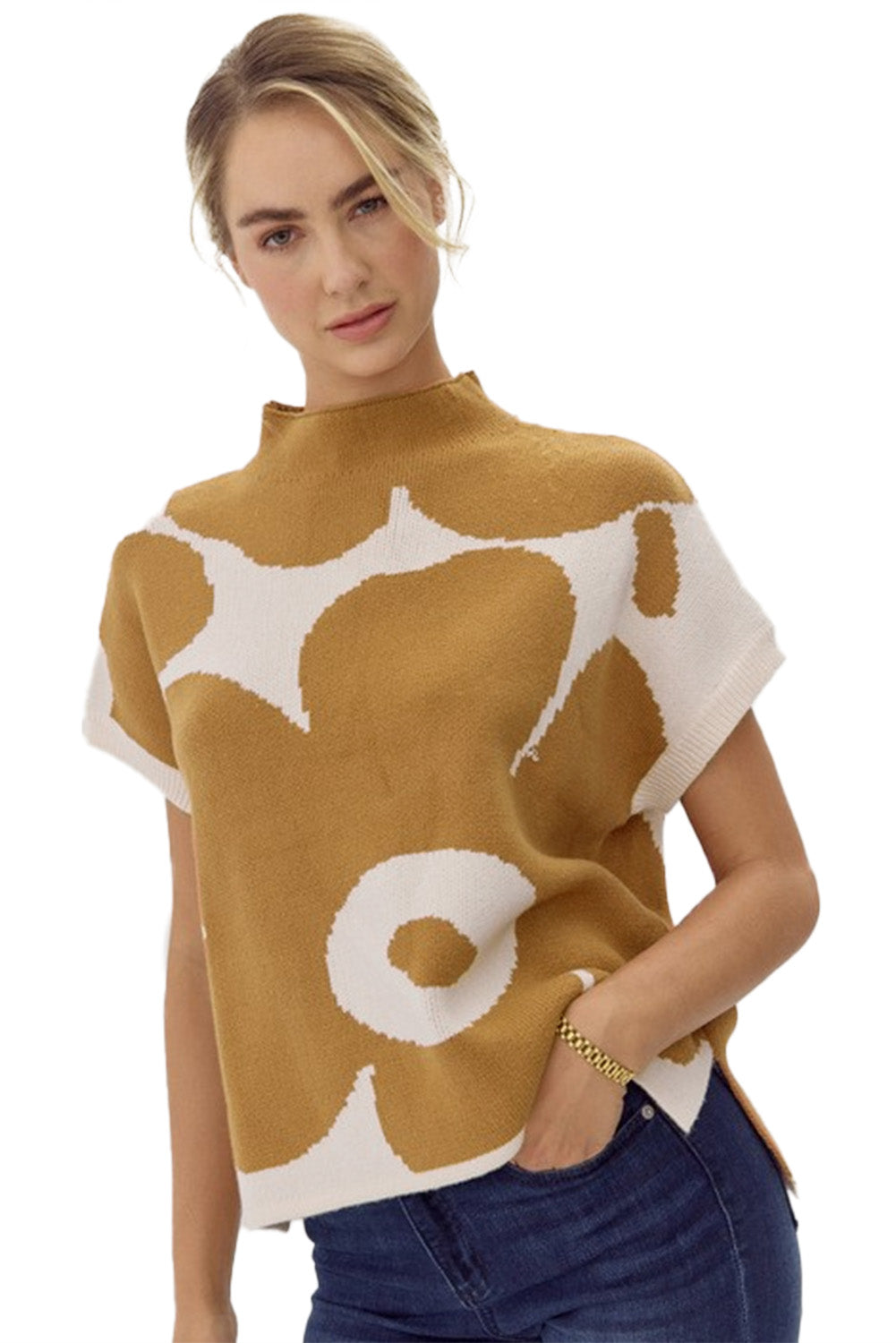 Big Flower Pattern Stand Neck Short Sleeve Sweater | Camel