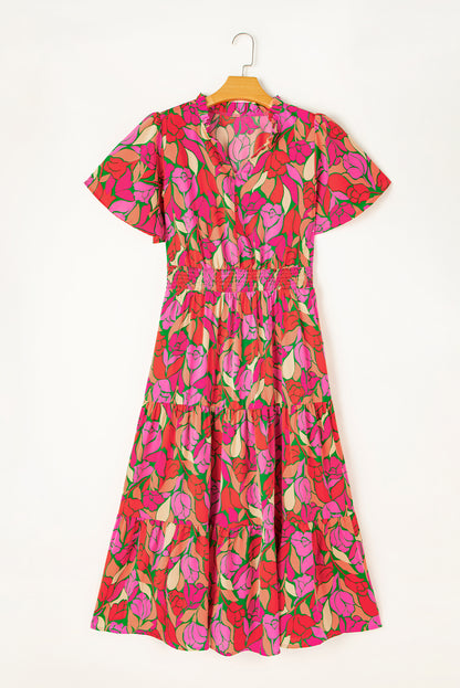 Floral Short Sleeve Smocked Waist Maxi Dress | Rose