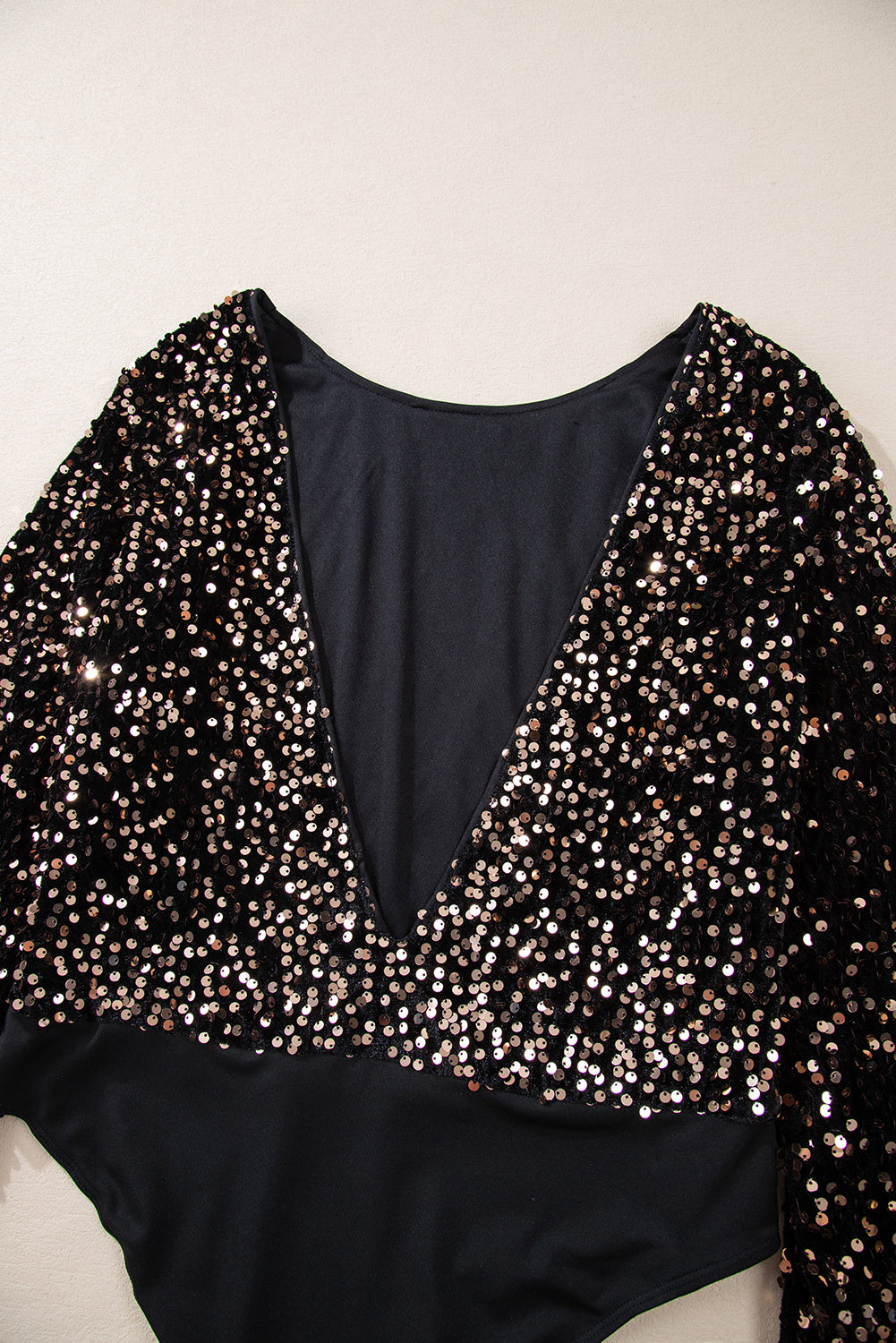 Deep V Back Sequin Puff Sleeve Bodysuit | Black