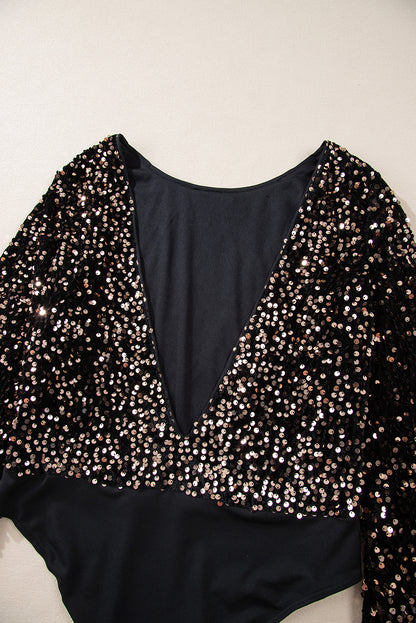 Deep V Back Sequin Puff Sleeve Bodysuit | Black