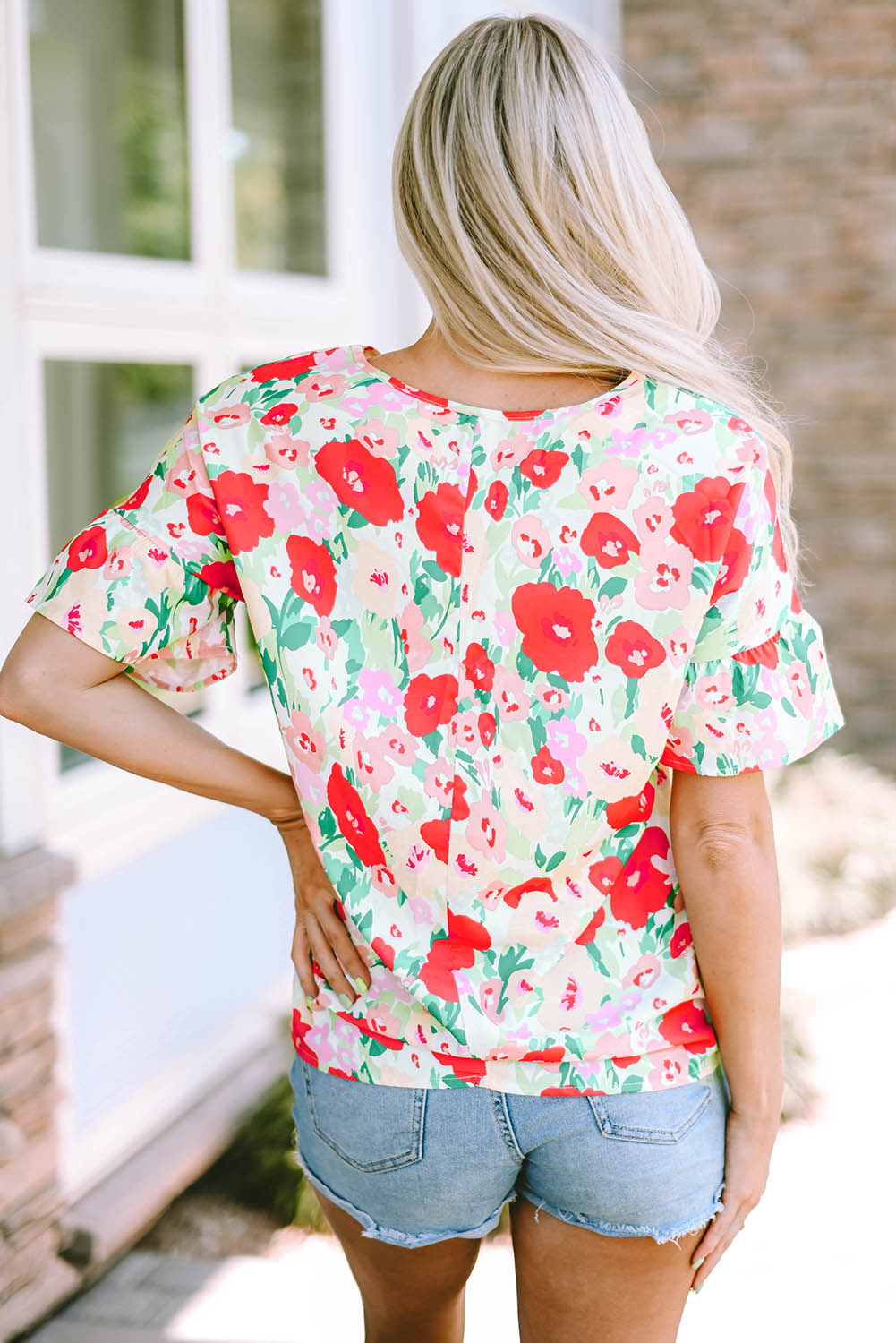 Fiery  Floral Print Ruffled Short Sleeve V Neck Blouse | Red