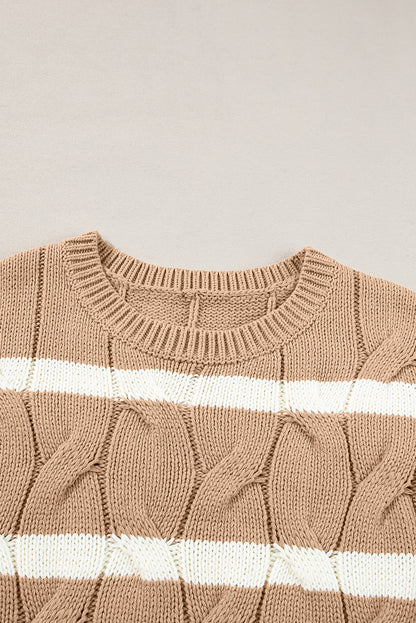 Striped Cable Short Sleeve Sweater | Dark Khaki