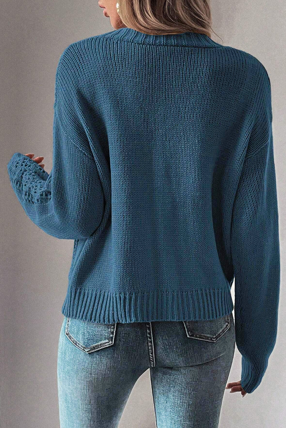 Open Knit V Neck Button Front Drop Shoulder Plus Size Cardigan | Real Teal