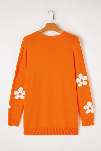 Floral Print Knitted Open Front Loose Cardigan | Orange