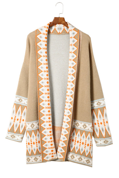 Aztec Print Open Front Knitted Cardigan | Khaki