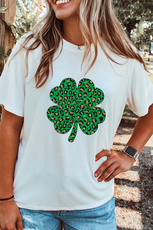 White Leopard Four Leaf Clover Graphic Tee