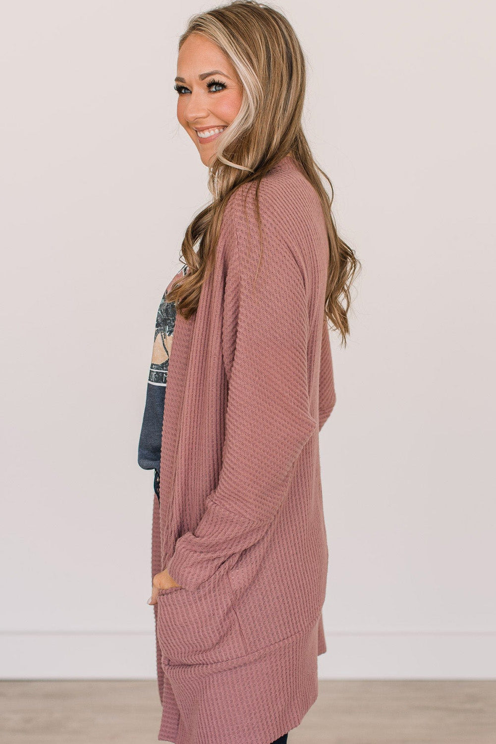 Solid Colour Waffle Knit Cardigan With Pocket | Mineral Red