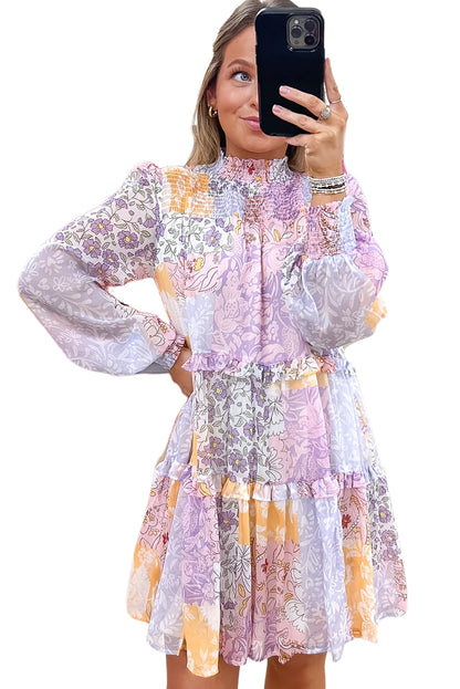 Floral Smocked Mock Neck Ruffled Tiered Bubble Sleeve Dress | Multicolour