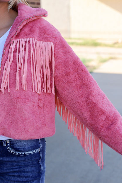 Fringed Full Zipper Fleece Jacket | Pink