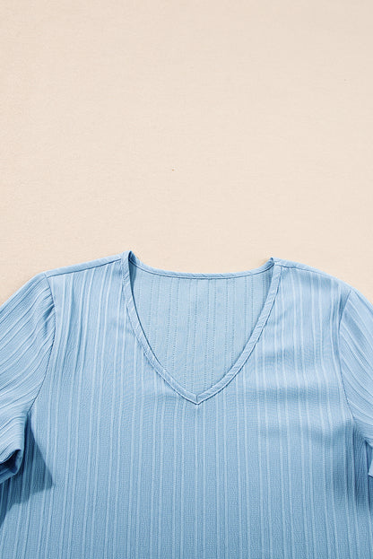 Ruffled Half Sleeve V Neck Textured Top | Beau Blue