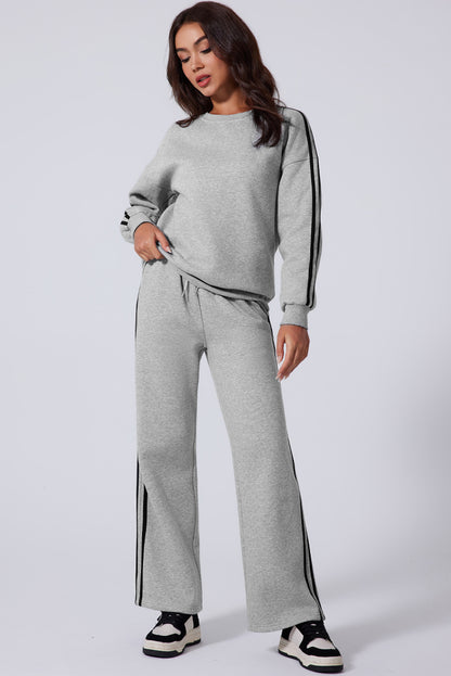 Solid Colour Side Striped Sweatshirt Active Set | Light Grey