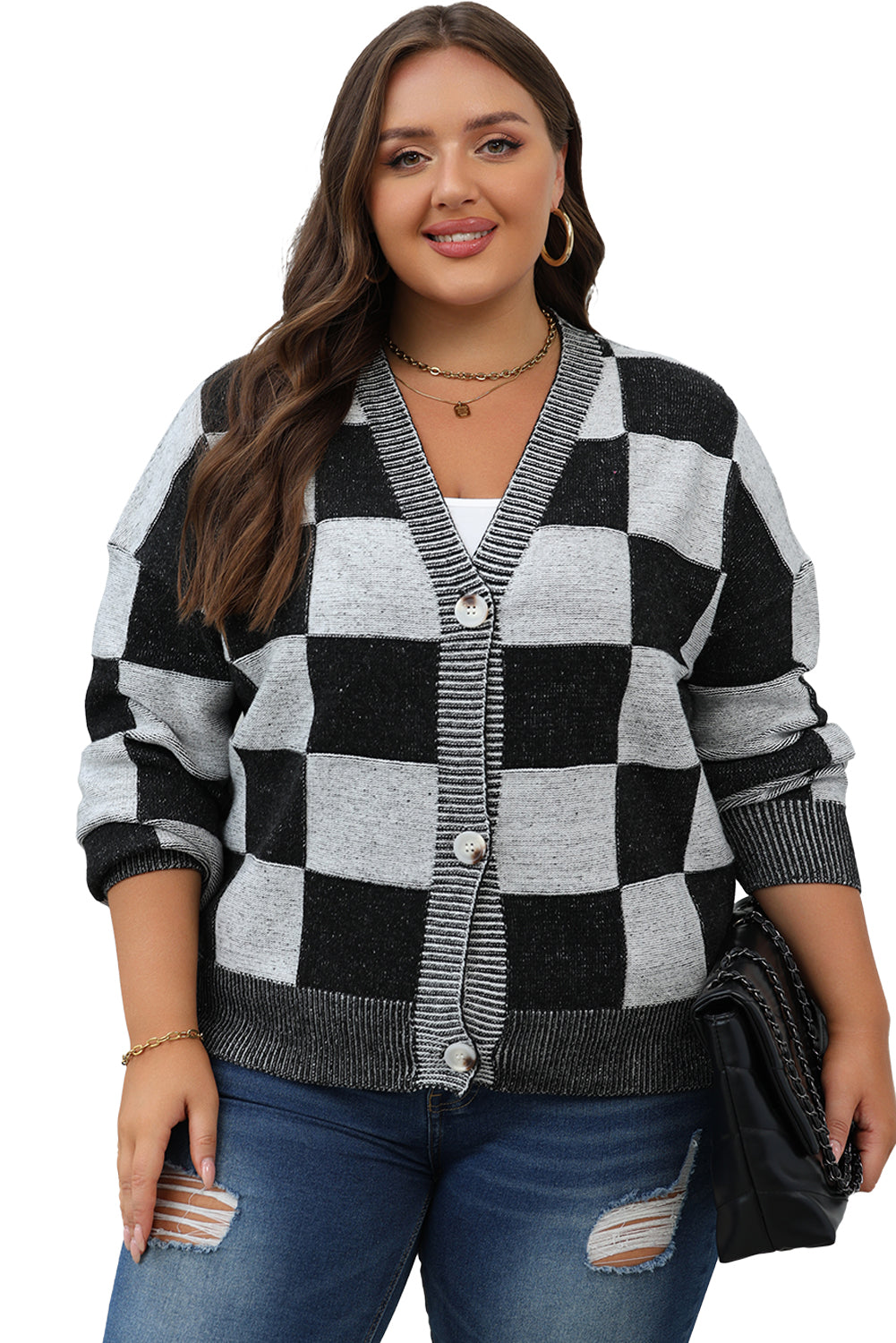 Checkered Drop Shoulder Buttoned V Neck Cardigan | Black