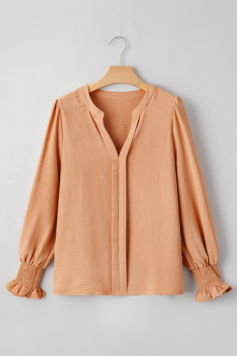 Solid Colour Shirred Cuff Notch V Neck Blouse | Straw Yellow