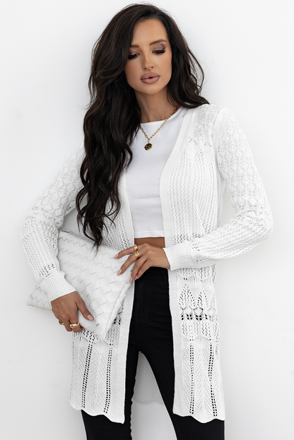 Crochet Hollow Out Open Front Cardigan | White