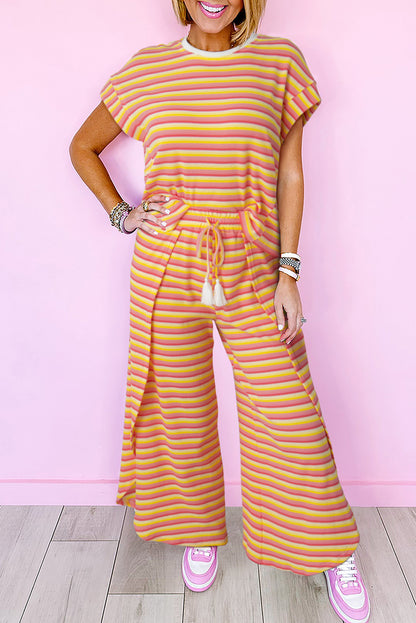 Rainbow Tee Tasseled String Wide Leg Pants Set | Yellow Stripe